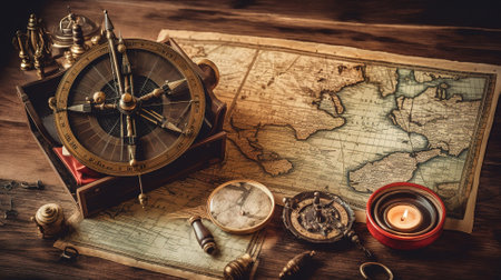old ship in sea sunset, Columbus Day. Vintage worldmap and discovery equipment. Generative Aiの素材