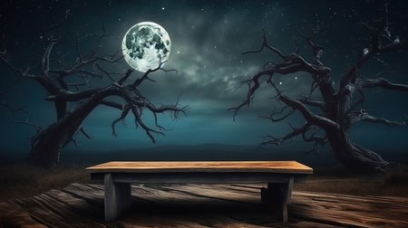 Old wood table and silhouette dead tree at night for Halloween background. Generative Aiの素材
