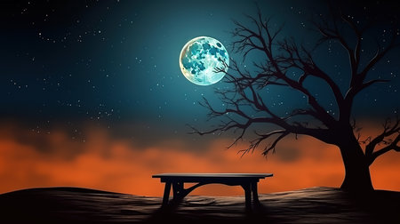 Romantic Moon In Starry Night Over Clouds, 3d silhouette of a zombie erupting out. Generative Aiの素材