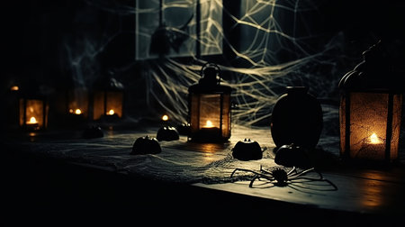 Lanterns In Graveyard In The Spooky Night - Halloween Backdrop. Generative Aiの素材
