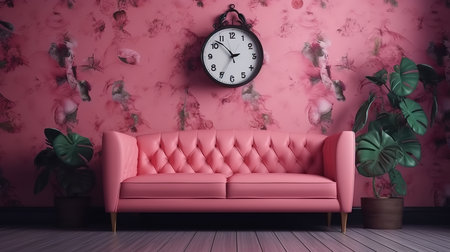 Interior detail with pink shoes, Devil's Ivy on a love seat. Generative Aiの素材