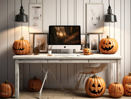 Halloween mockup with laptop and notepad, Table with halloween party treats and decorations. Generative Aiの素材