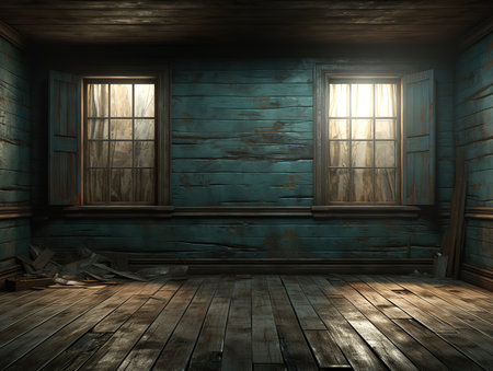 Empty old abandoned room with window, hardwood wall and floor. Hounted dark house interior. Generative Aiの素材