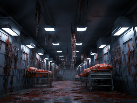 horror and creepy ward room in the hospital with blood, Old building deteriorating over time. Generative Aiの素材