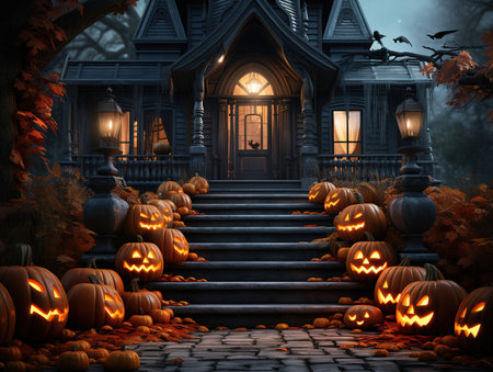 Front porch of a house with halloween decoration including jack oâ lantern, Scary night background. Generative Aiの素材