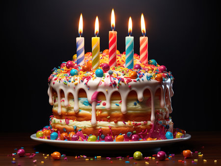 Birthday cake decorated with colorful sprinkles and ten candles. Generative Aiの素材