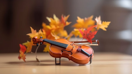 Miniature violin with autumn maple leaves and copy space. International Music Day. Generative Aiの素材