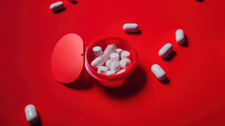 Top view clock shape of pills, Small hearts scattered from cup. Generative Aiの素材