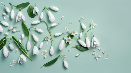 Creative layout made with snowdrop flowers on bright, Twig of white beautiful flowers. Generative Aiの素材