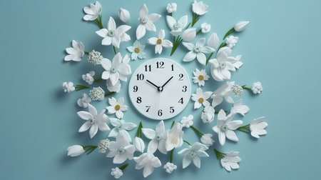 Flowers forming circle on blue backgroundm, Circle from white petals. Generative Aiの素材