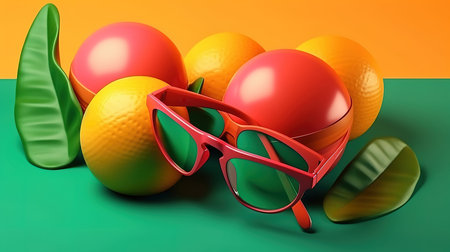 sun hat, flip flops, sunglasses, orange, tropical leaves, seashells on light blue. Generative Aiの素材
