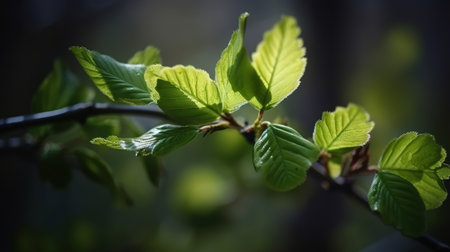 Cherry blossoms over blurred nature, Tree branch with the first leaves sunny. Generative Aiの素材