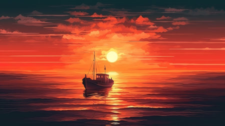 Sunrise behind the boat in the ocean, Boat shipping in sea at sunset. Generative Aiの素材