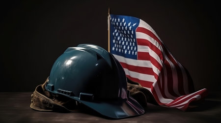 Construction and manufacturing tools with patriotic US, USA, American flag on dark black background. Generative Aiの素材