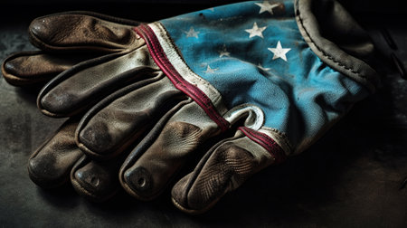 Worn work glove holding old wrench and US American flag. Made in USA, American workforce, blue collar worker, or Labor Day concept. Generative Aiの素材