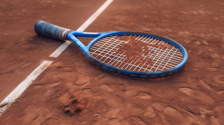 Single blue Racket on brick dust clay tennis court professional image isolated Wimbledon championship. Generative Aiの素材