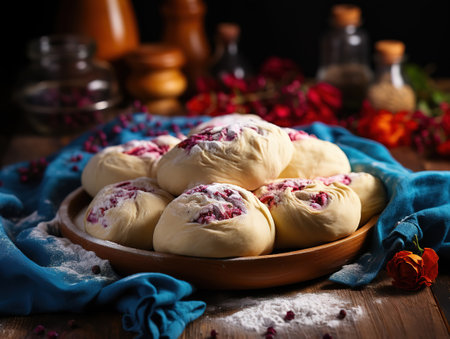Close-up of man's hand sprinkling the flour on the dough. Generative Aiの素材