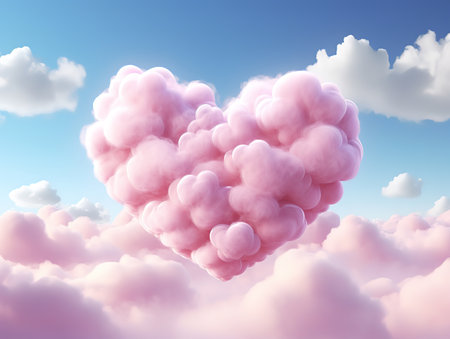 Pink heart shaped clouds on sky scene fluffy cotton candy dream. Generative Aiの素材