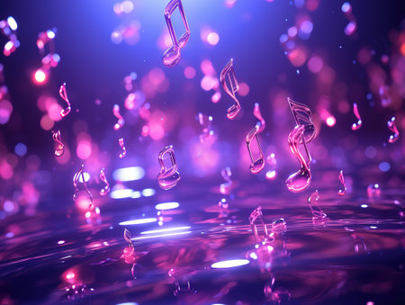 Floating musical notes on an abstract purple background with flares. Generative Aiの素材