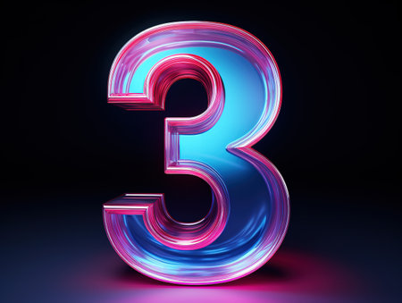 3d render, number three, the best digital symbol, pink blue gradient neon light. Generative Aiの素材