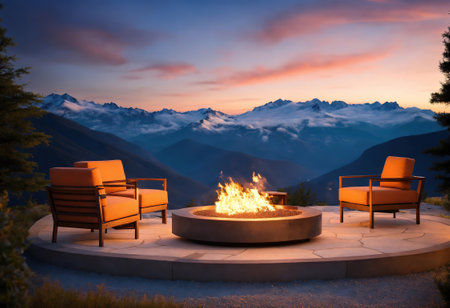 Fire pit and furniture on modern luxury mountain. Generative Aiの素材