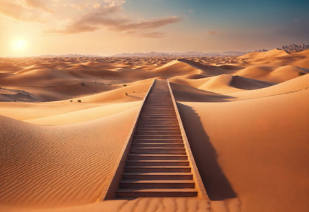 3d mock up podium with an arch with curtains and abstract mountain landscape or desert in a mid century style. Generative Aiの素材