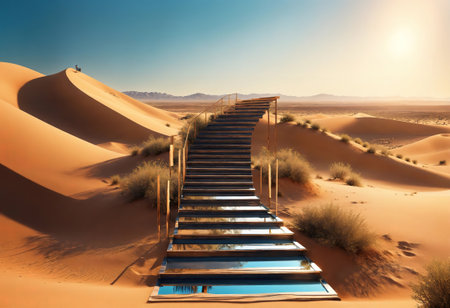 3d render. Abstract surreal background. Desert landscape with sand dunes and mirror stairs under the clear blue sky. Panoramic fantastic wallpaper. Generative Aiの素材