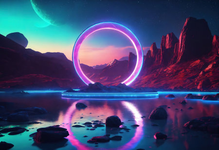 3d render, abstract futuristic background. Neon crest sign, moon symbol glowing in the dark night, extraterrestrial landscape. Rocks and water reflection. Modern fantastic wallpaper. Generative Aiの素材