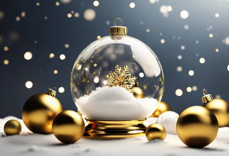 3d render. Winter holiday wallpaper. Festive white and gold Christmas ornaments and baubles. Empty glass snow ball isolated on white background. Generative Aiの素材