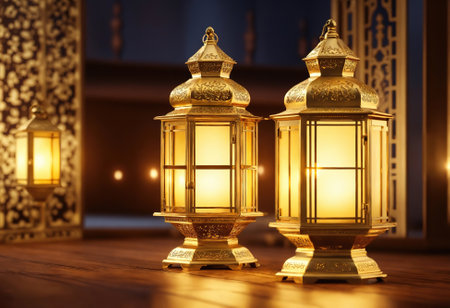 Arabic gold vintage luminous lantern. 3d illustration. Generative Aiの素材