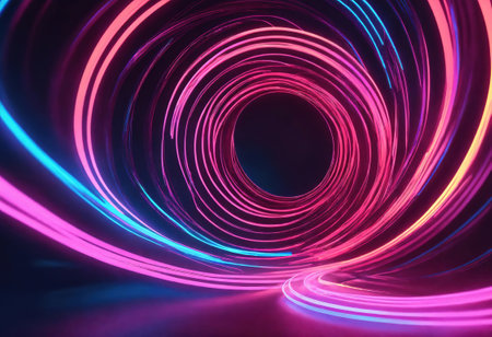 3d render, abstract geometric background, neon spiral line glowing in the dark. Simple helix. Minimalist wallpaper. Generative Aiの素材