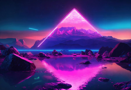 Futuristic technology 3d landscape background with geometric wireframe neon light. Generative Aiの素材