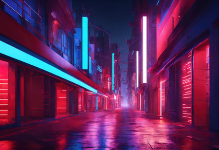Night city neon lights of the metropolis reflection of neon lights. Generative Aiの素材