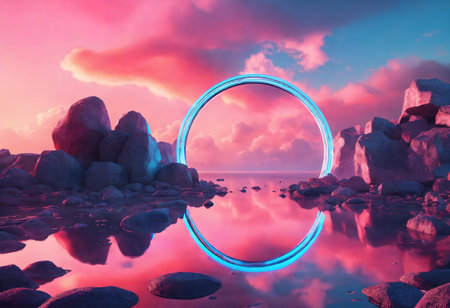 round mirror, chrome arch, neon ring and clouds on a pink pastel sky. Generative Aiの素材