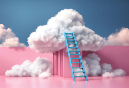 3d render of white soft cloud, cube podium, pedestal, minimal room interior, ladder, stairs. Generative Aiの素材