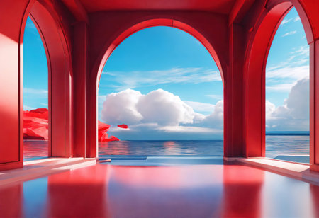 3d render, surreal seascape with red arches and white clouds in the blue sky. Generative Aiの素材