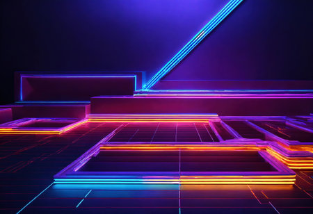 3d render, abstract simple background with glowing zigzag lines illuminated with blue neon light. Generative Aiの素材