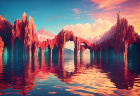 A surreal seascape with rocky mountains and mirror arches forms an abstract backdrop. Generative Aiの素材