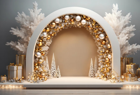 3d render, white Christmas background with empty stage. Generative Aiの素材