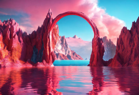 3d render. Abstract surreal seascape background with rocky mountains and mirror arches. Generative Aiの素材