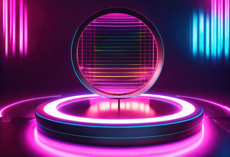 volume equalizer interface, hud, pink blue spectrum, vibrant colors, laser disc, floor reflection. Generative Aiの素材
