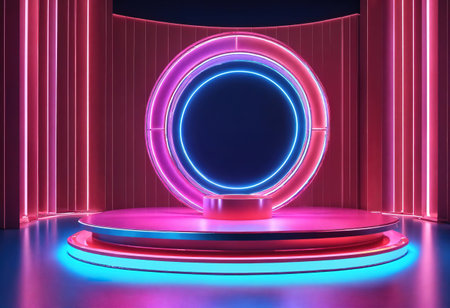 Futuristic Christmas showcase with podium and glowing round frame isolated on blue background. Generative Aiの素材
