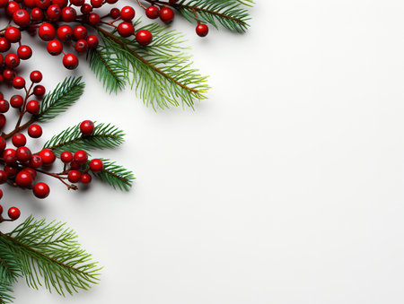 Holly ilex twigs and pinecones top view backgroundの素材