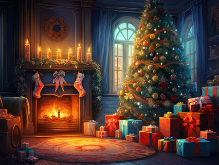 Fireplace with red socks hanging and a christmas treeの素材