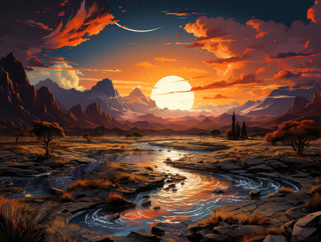 A painting of a sunset with the moon and the waterの素材