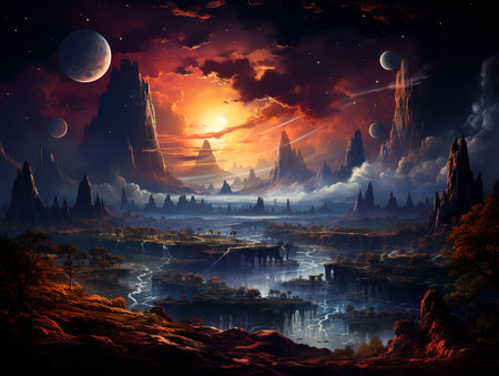 Spaceship orbits planet in galaxy exploring extreme terrain and mysteryの素材