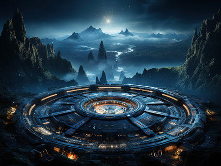 Spaceship futuristic interior with view on planet earthの素材