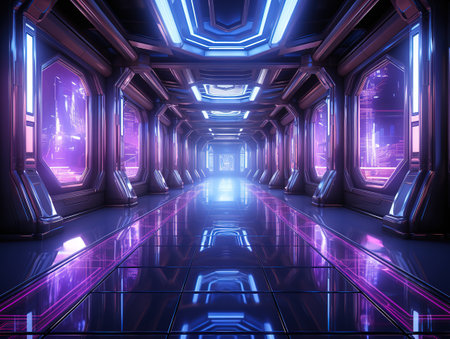 A futuristic city street at night with neon lights cyberpunk background scifiの素材