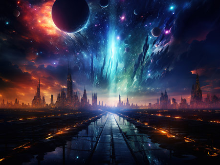 Night sky with planets and galaxies sceneの素材