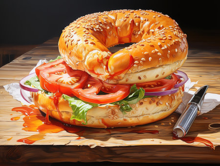 Three bagels next to feather grass stalks on wooden board on marble tableの素材